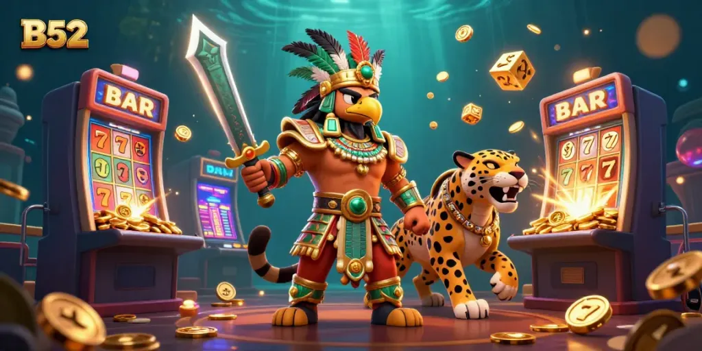 Spin the wheel of fortune at B52, featuring a dramatic 3D casino scene with jackpot elements and vibrant characters.