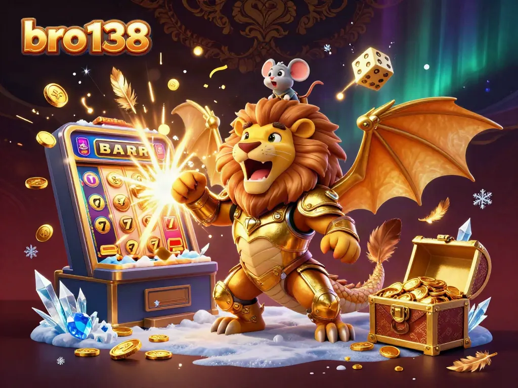 Experience thrilling gameplay at bro138, featuring an epic chimera in golden armor amidst a casino jackpot explosion.