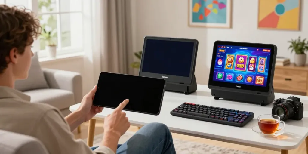 Engaging mobile user playing Yono Arcade in a cozy living room setting with colorful game graphics.