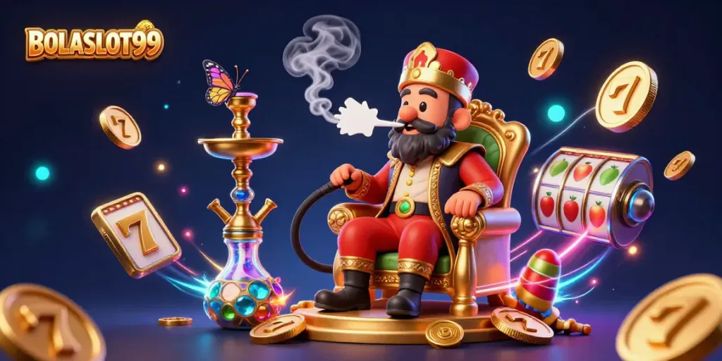 BOLASLOT99 showcases a vibrant 3D illustration of a caterpillar hookah-master in a casino-themed setting, surrounded by slot game elements and dynamic visuals.