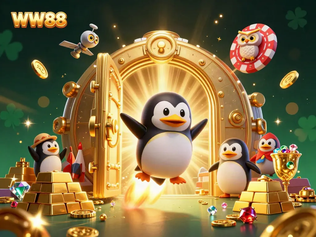 Experience thrilling wins at WW88 with a golden penguin blasting to a poker chip casino, surrounded by treasures.