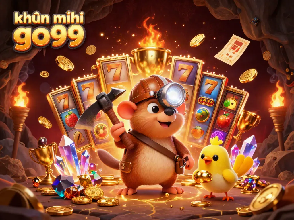 Experience khuyến mãi go99 with vibrant slot-themed treasures in a rich casino-inspired scene.