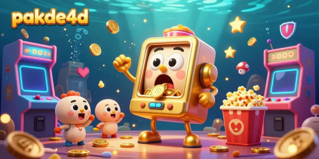 Experience pakde4d excitement with a golden slot machine celebrating its jackpot victory surrounded by cheering baby slots.