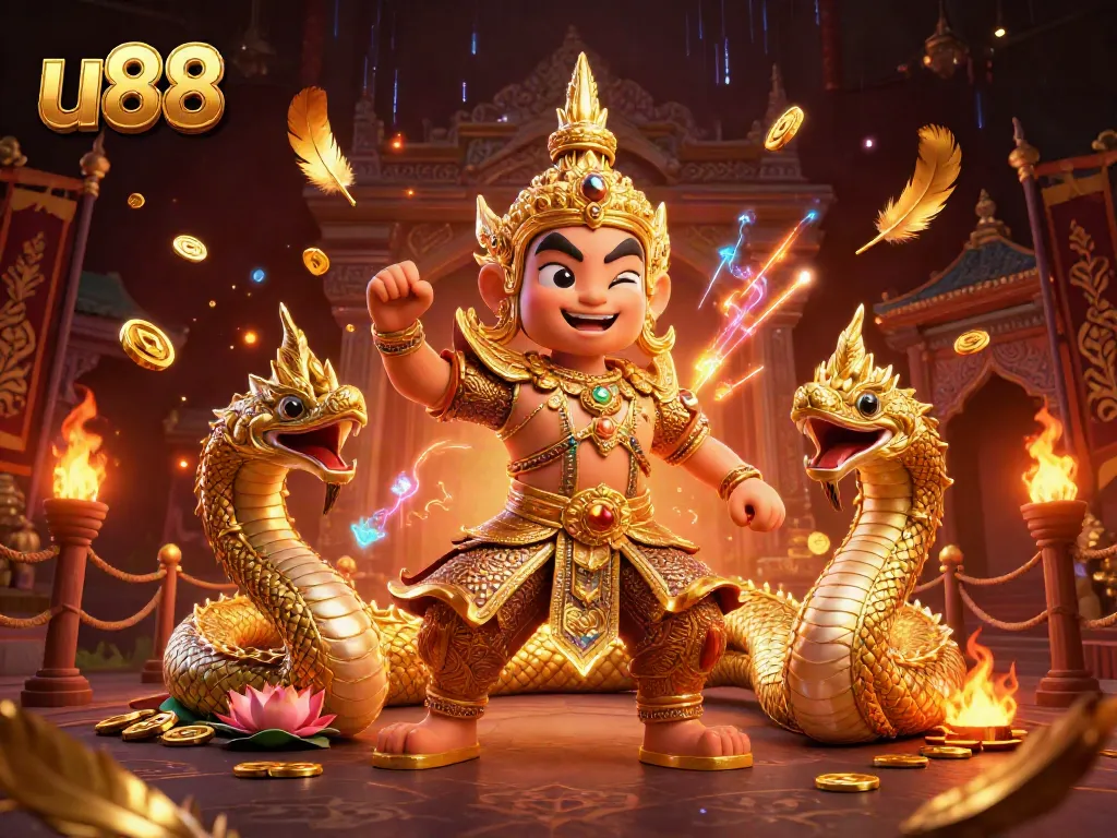 Engage with thrilling u88 casino excitement featuring a guardian and winning tokens amidst swirling gold