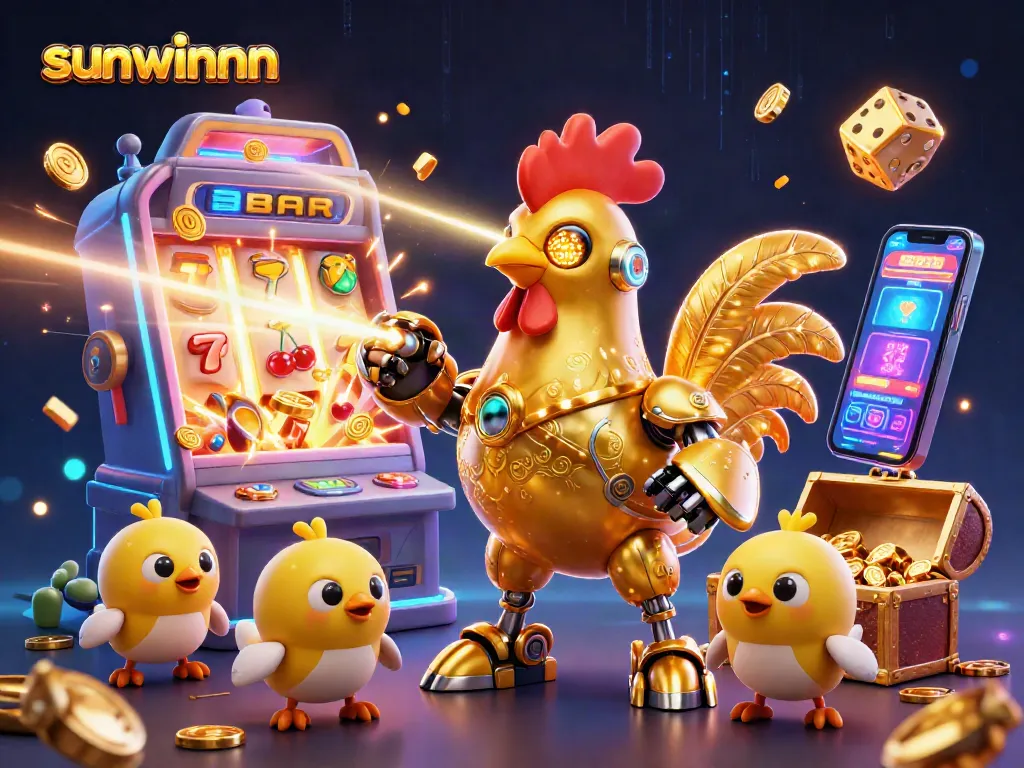 Engage in thrilling gaming with sunwinnn, featuring a golden rooster robot and vibrant casino elements.