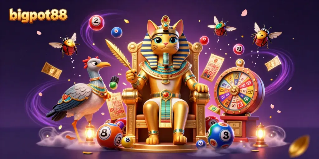 bigpot88 menghadirkan momen beruntung dengan pharaoh kucing, tiket emas, dan bola lotere berwarna-warni.