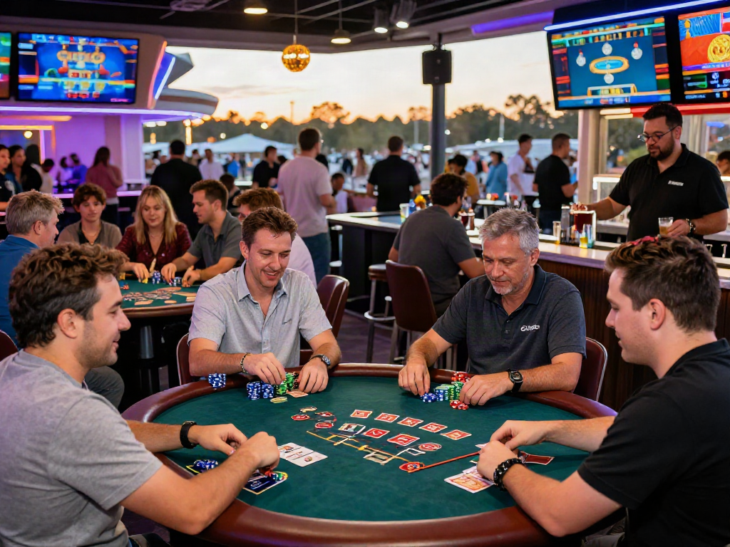 Situs toto gaming enthusiasts enjoying vibrant gambling atmosphere at outdoor venue with neon lights.
