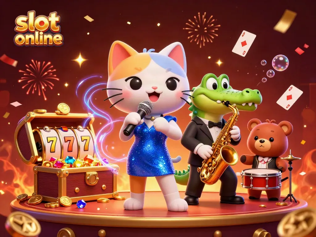 Experience thrilling slot online action with our vibrant 3D characters in a lively casino scene.