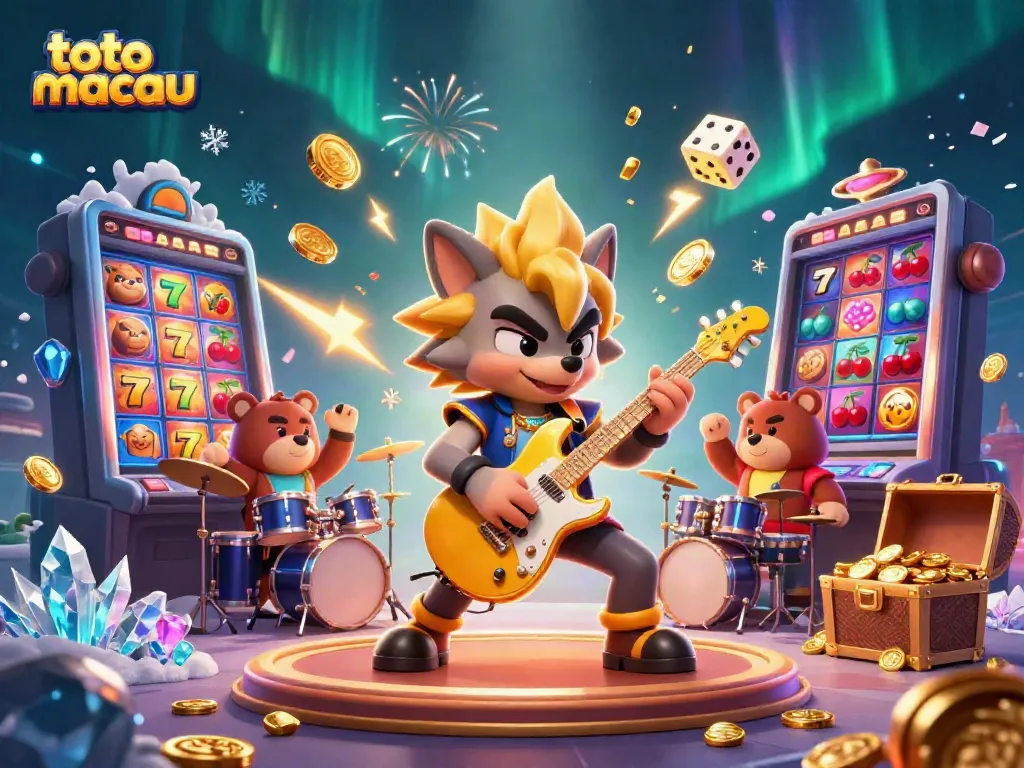 Tangkap momen bermain di toto macau dengan karakter seru dan mesin slot jackpot berkilau.