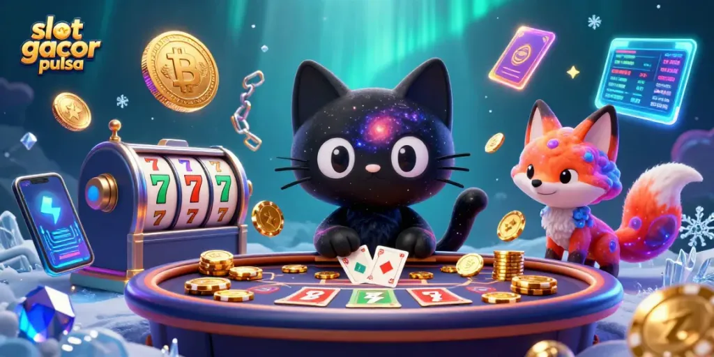 Engage in vibrant slot gacor pulsa adventures at a cosmic casino with a charming black hole cat.