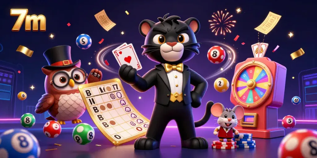 Engage with thrilling 7m gaming action featuring a panther dealing cards and exciting colorful elements.