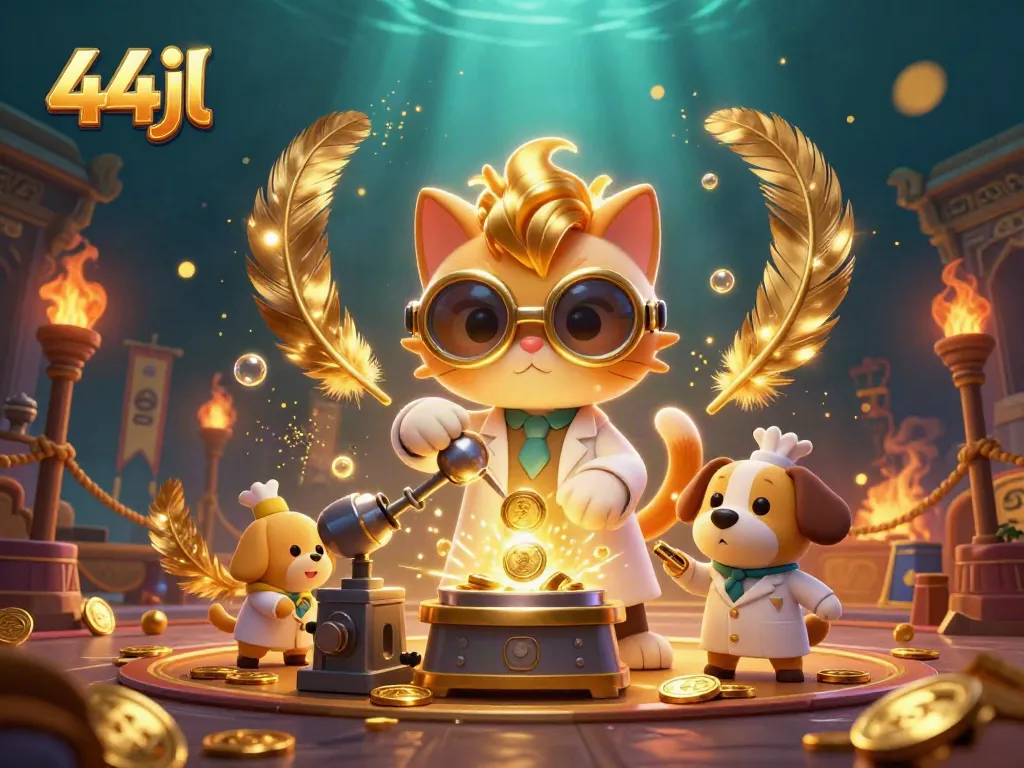 Engage with the dynamic 44jl casino scene featuring mad scientist cat and golden coins.