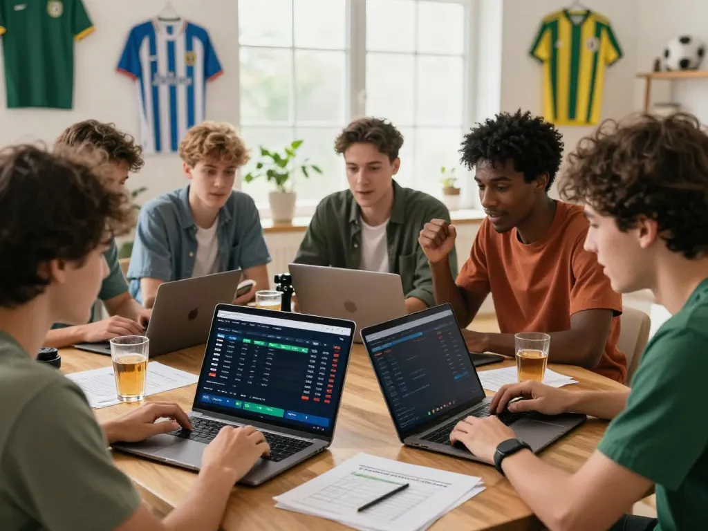 Friends engaged in sports betting analysis on WWBOLA platform, showcasing excitement and teamwork.