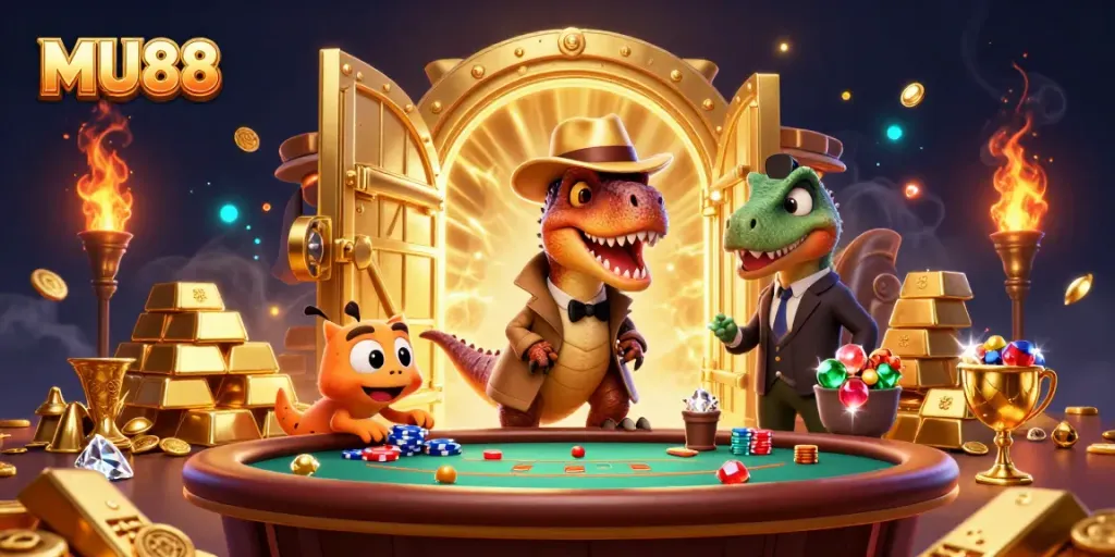 MU88 velociraptor card counter plays blackjack amidst gold treasures and gems.