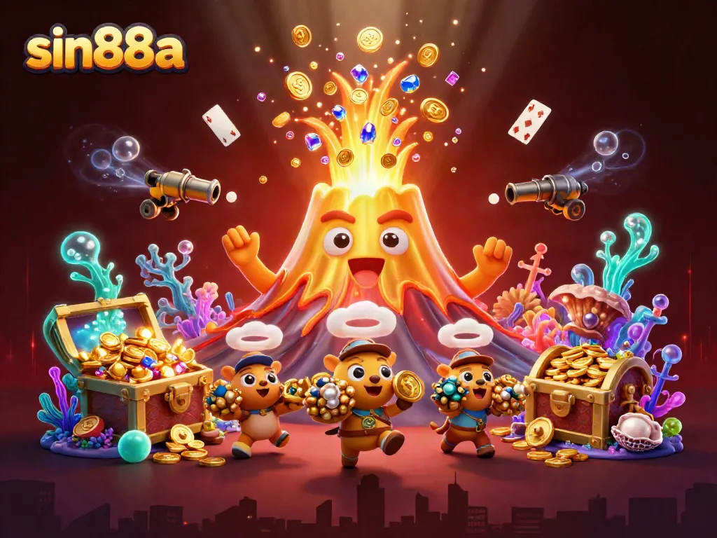 Experience thrilling wins at sin88a with a dynamic scene of a golden volcano erupting treasures and eager explorers.
