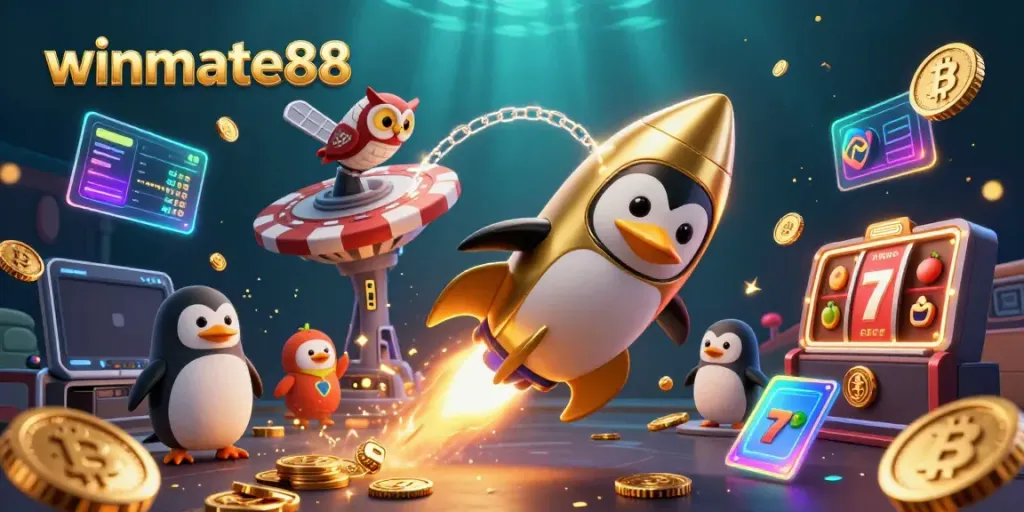 Experience thrilling adventures with the winmate88 penguin soaring through a vibrant casino space.