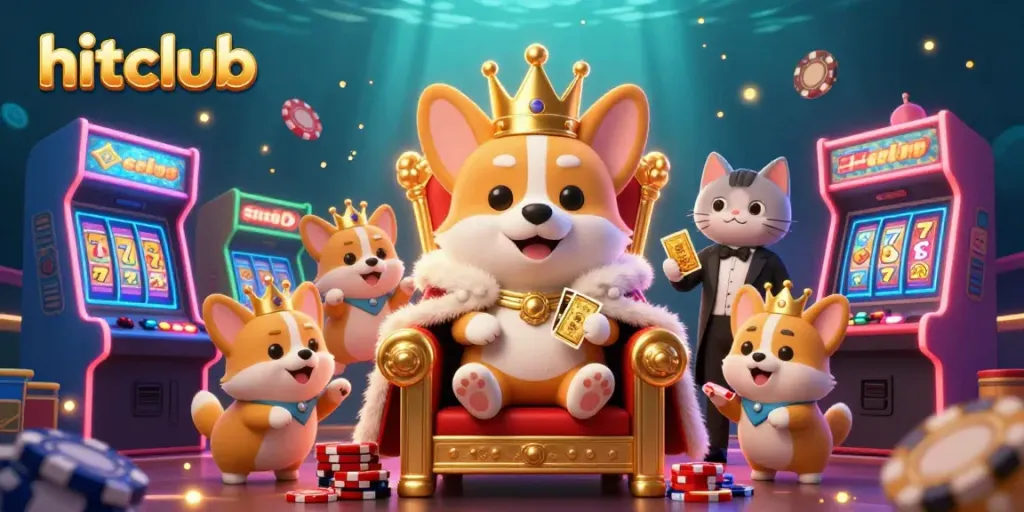 Experience hitclub's vibrant casino games with a royal corgi and dazzling elements.