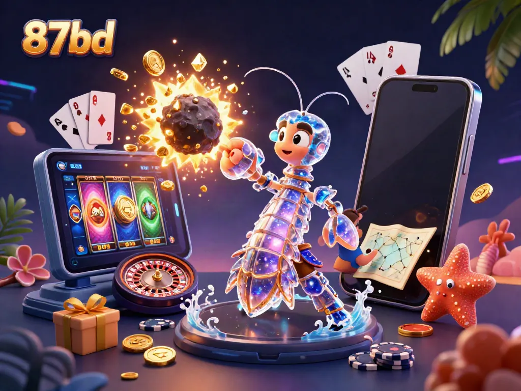 Engage with 87bd's dynamic online gaming world, illustrated with vibrant characters and thrilling casino elements.