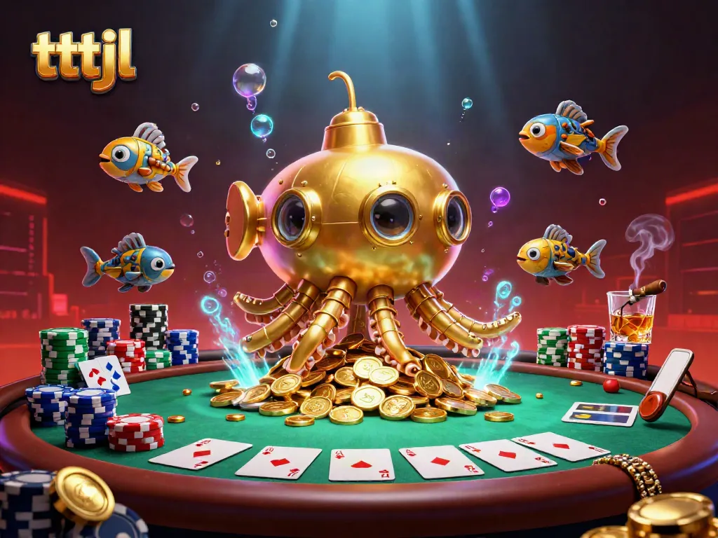 Experience the thrilling dynamics of tttjl with a colorful underwater gambling scene featuring a kraken submarine.