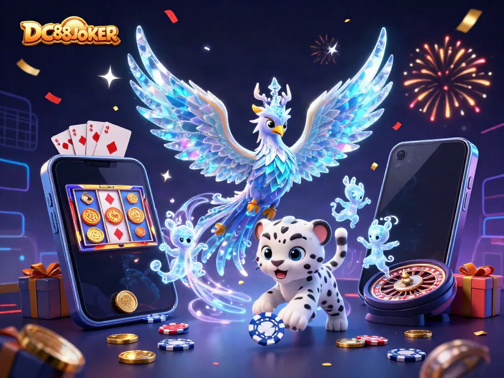 Experience the thrilling world of DC88JOKER with a lively 3D casino scene featuring exciting games.