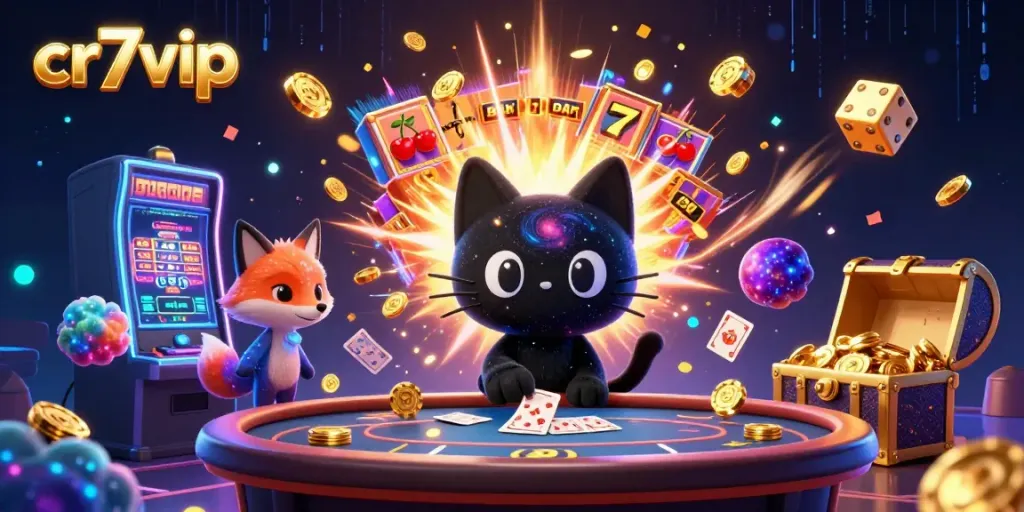 Ilustrasi 3D cr7vip dengan kucing jalan hitam dan nebula rubah di meja kasino, menarik chip emas dan kartu.