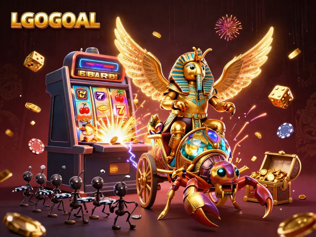 Experience the vibrant world of LGOGOAL with a colossal golden scarab and exciting slot game elements.
