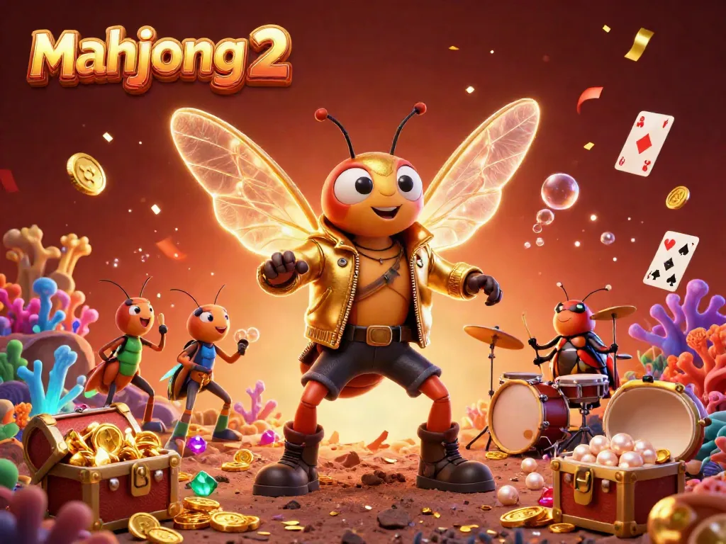 Engage with mahjong 2 alongside a vibrant 3D scene of rock star cicadas and thrilling casino themes.