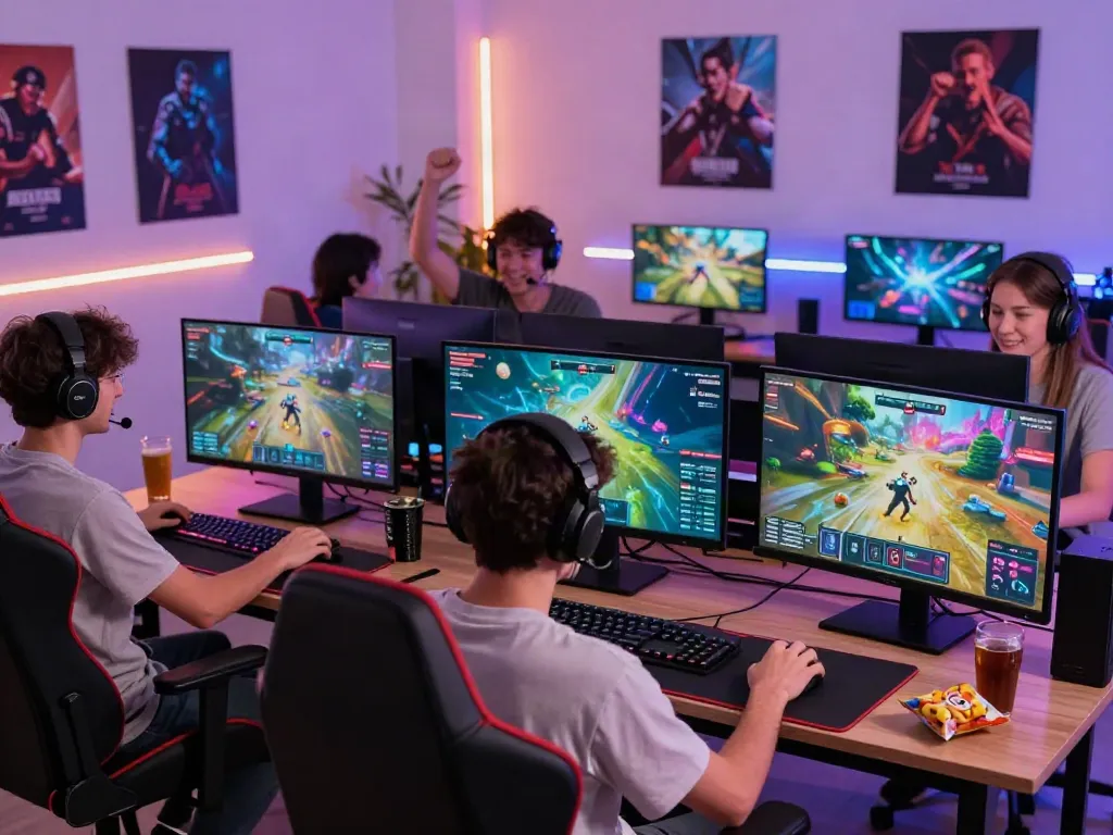 Players enjoying batman138 online gaming experience with diverse setups and vibrant visuals.