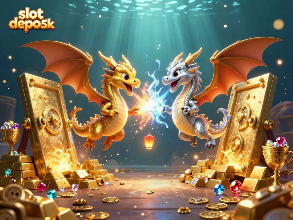 Win big with slot depo 5k in this dynamic scene featuring a dragon battle amidst treasure and casino excitement.