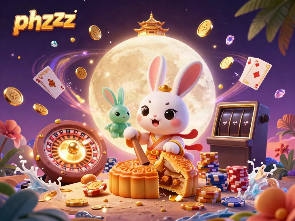 Experience phzzz as a moon rabbit reveals hidden poker chips amidst cascading riches in this vibrant casino scene.