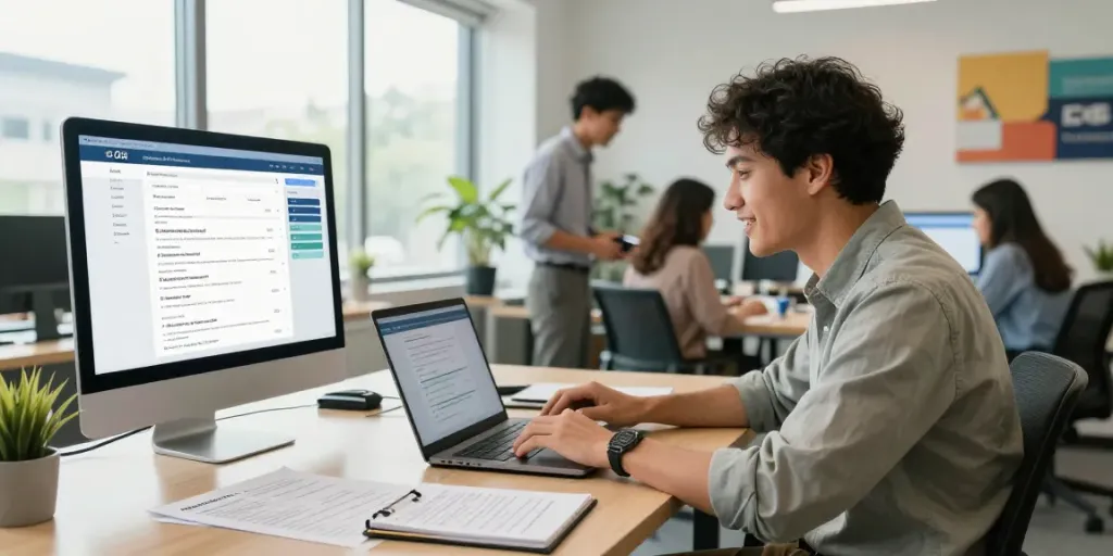 Finding a job effectively with dynamic office scene showcasing job search process and collaboration.