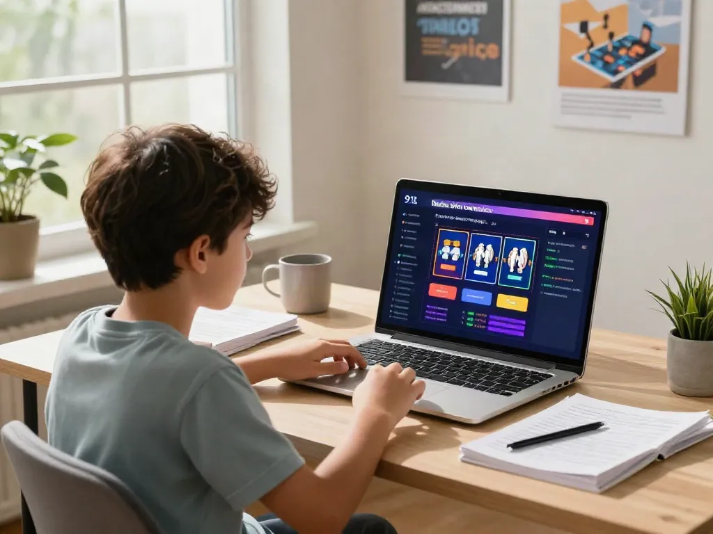 Pelajar muda menggunakan platform makmur77 untuk belajar strategi slot gaming dengan laptop dan catatan di meja belajar.