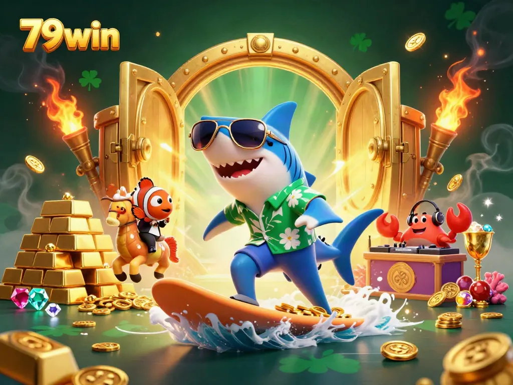 Experience the thrill of 79win with a vibrant 3D casino scene of a hammer-head shark and friends amidst golden treasures.