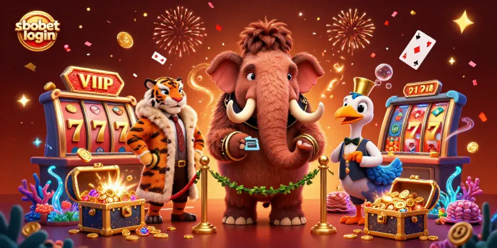 Experience sbobet login through a lively casino scene with engaging characters and vibrant slot reels.