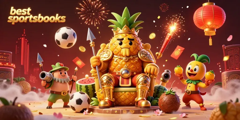Experience the excitement of the best sportsbooks with a dynamic 3D cartoon scene featuring a tropical casino theme.